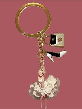 Pink Pin-Up girl 2D Acrylic with purse & heels & gold tone keychain